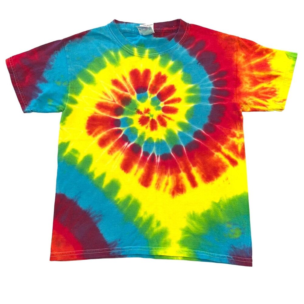 Gildan Girls T Shirt Top Tie Dye Short Sleeve Crew Neck Bright Multicolor Medium